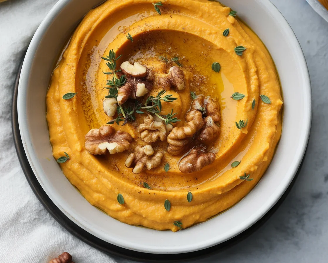 Creamy Pumpkin Whipped Feta Dip garnished with walnuts and thyme, perfect for appetizers.