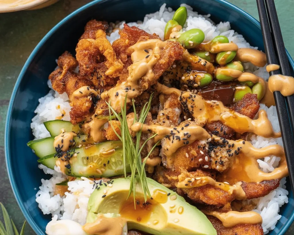 Delicious Crispy Japanese Katsu Bowls with chicken, rice, and fresh veggies.