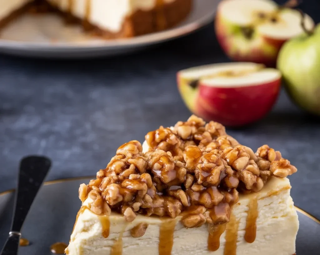 Delicious Apple Crisp Cheesecakes topped with cinnamon apples and crumble topping