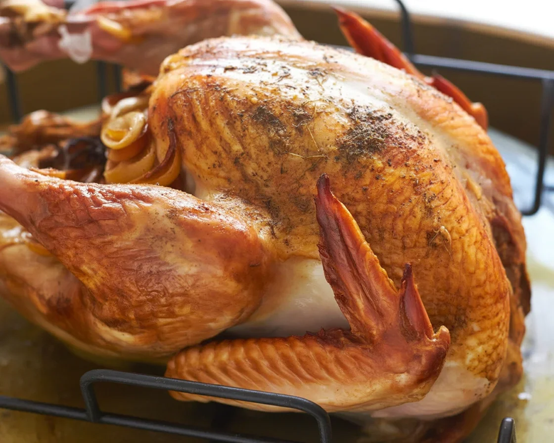 A perfectly roasted turkey garnished with herbs and spices, ready for Thanksgiving dinner.