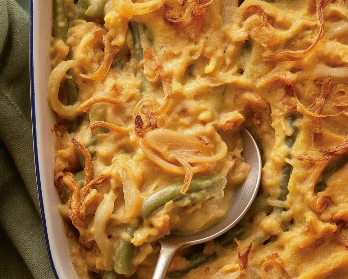 Delicious Easy Green Bean Casserole with cream of mushroom soup and fried onions