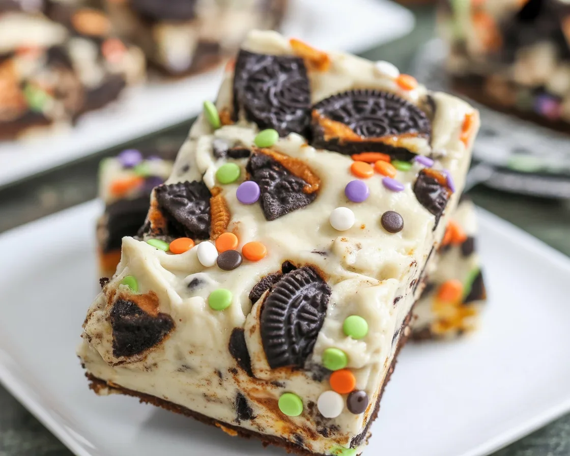Delicious Easy Halloween Oreo Cake Bars with sprinkles and Oreos for festive desserts.