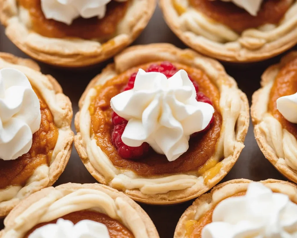 Mini Pumpkin Pies in muffin cups topped with whipped cream and cinnamon sugar.