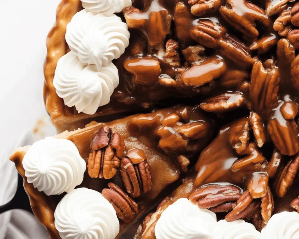 Delicious Pecan Pie Cheesecake with pecan topping on a graham cracker crust.