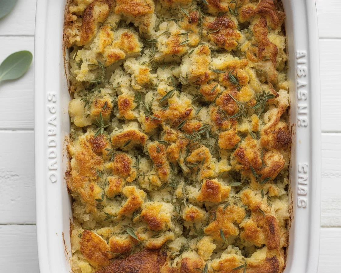 Delicious homemade stuffing with bread, herbs, and butter, perfect for Thanksgiving.