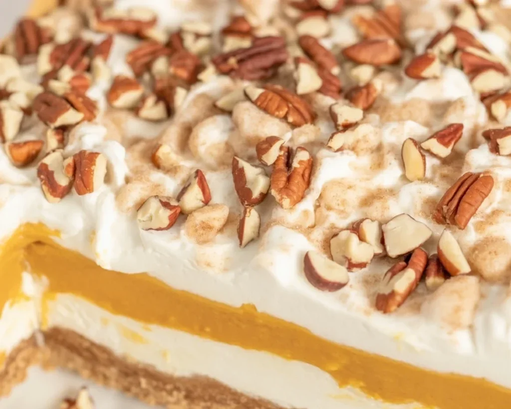No-bake Pumpkin Lush layered dessert with creamy pumpkin and cheesecake on a graham cracker crust.