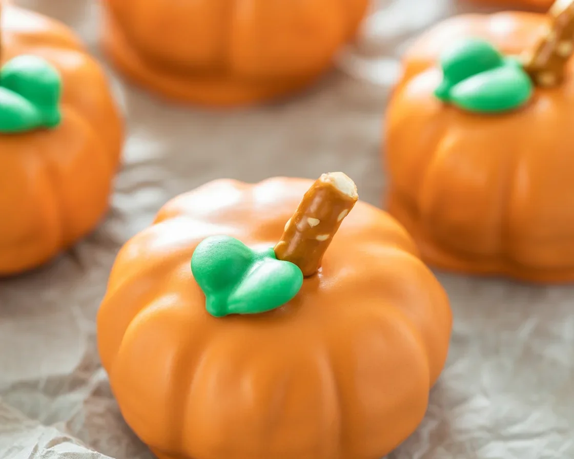 Pumpkin Oreo Balls dipped in orange chocolate with pretzel sticks for stems.
