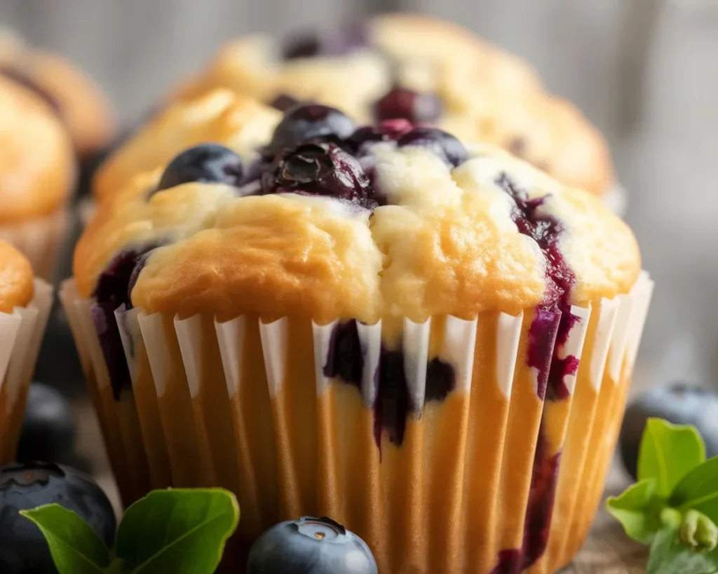 Delicious Easy Sour Cream Blueberry Muffins fresh from the oven with blueberries.