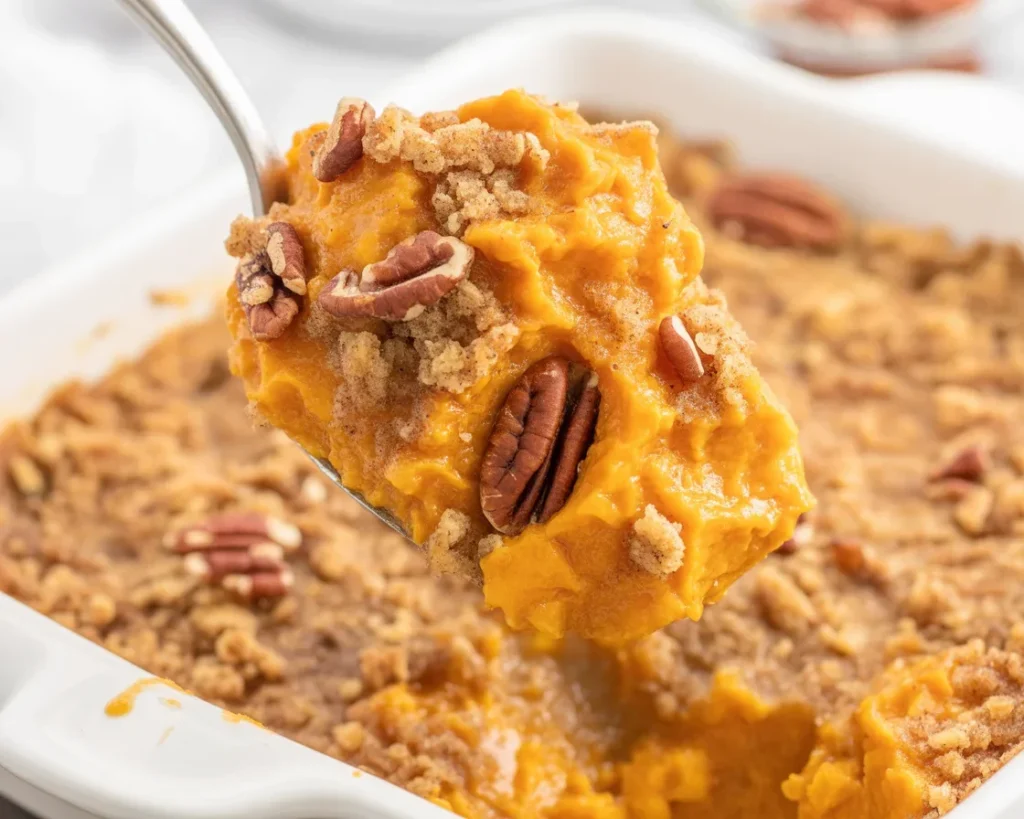 Delicious easy sweet potato casserole topped with marshmallows and pecans.