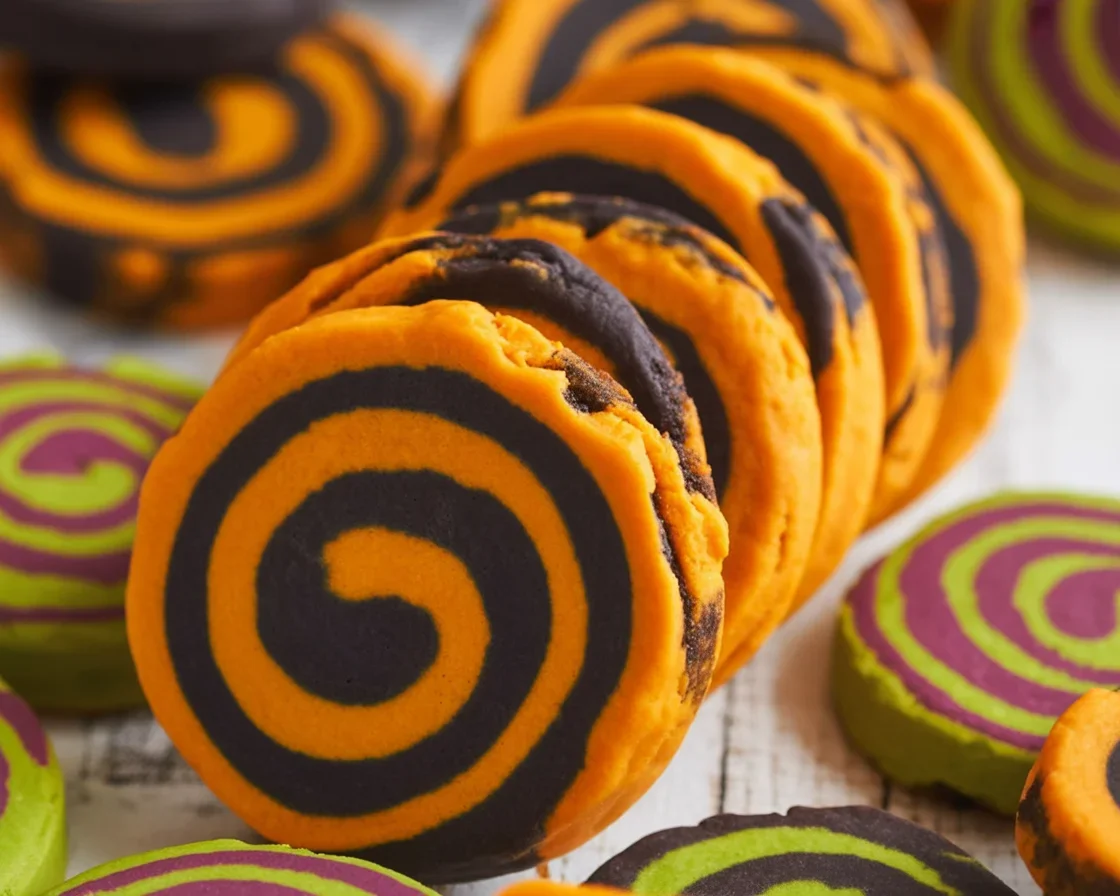 Colorful Halloween Pinwheel Sugar Cookies decorated in orange, purple, and black.