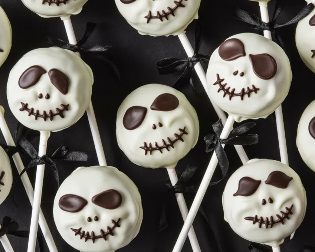 Easy to make Jack Skellington Oreo Pops decorated for Halloween