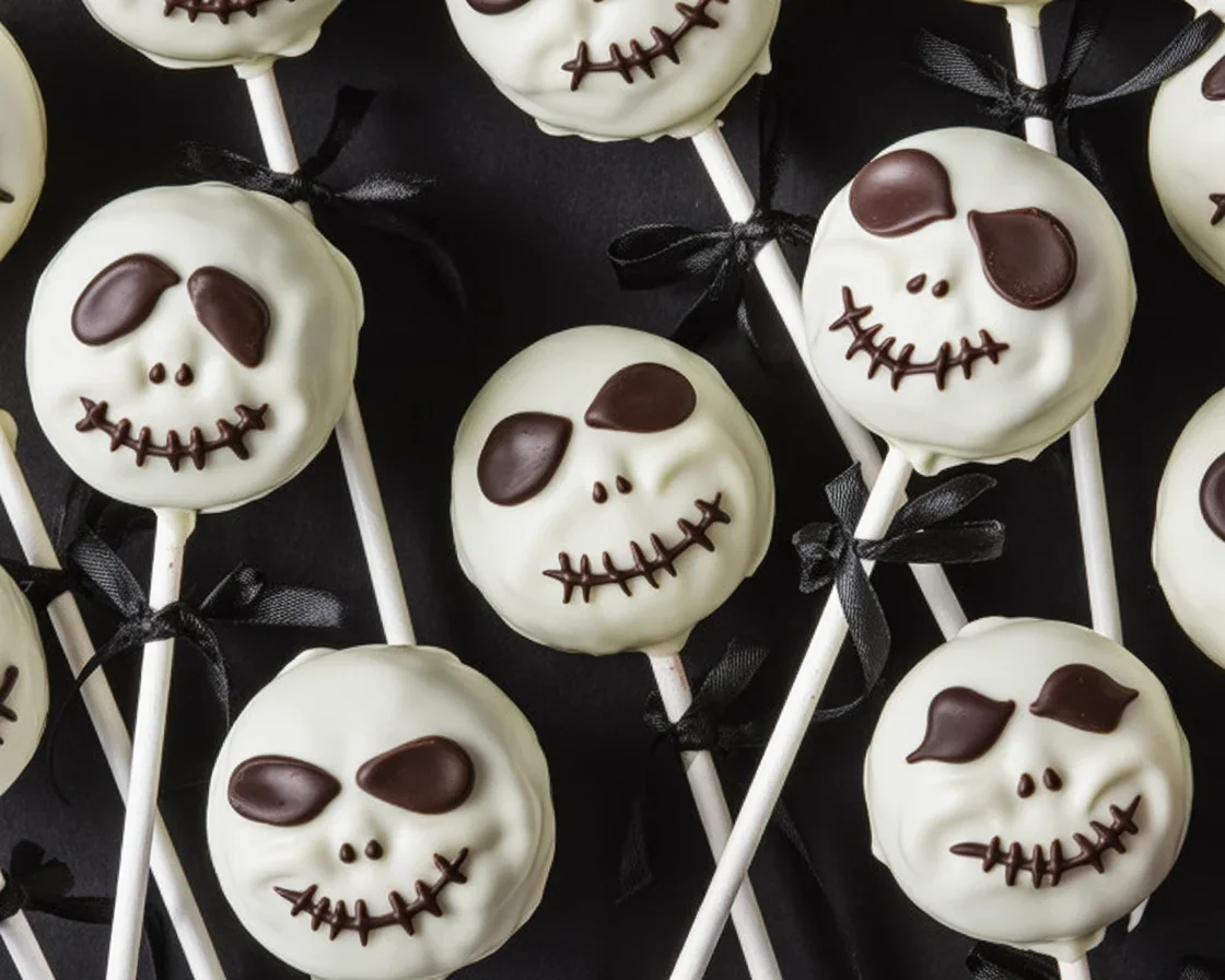Easy to make Jack Skellington Oreo Pops decorated for Halloween