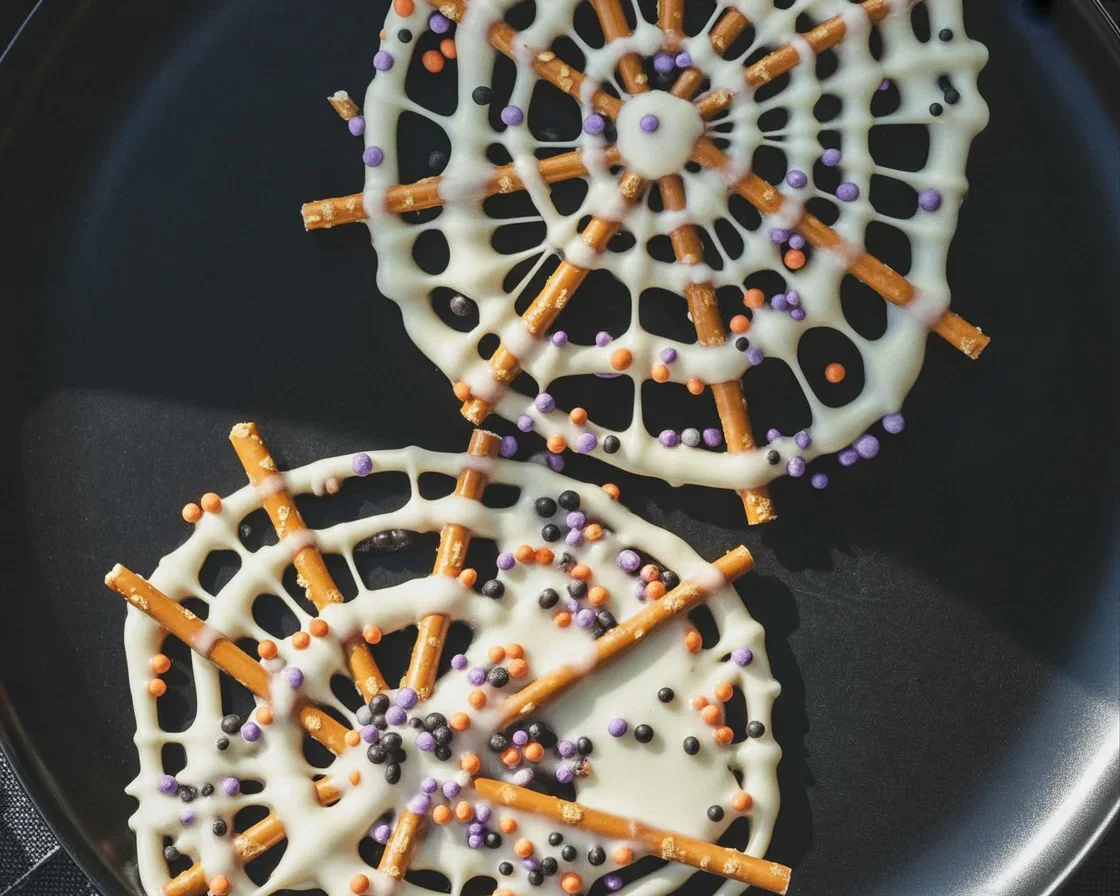 Delicious Pretzel Spider Webs with chocolate for Halloween treats