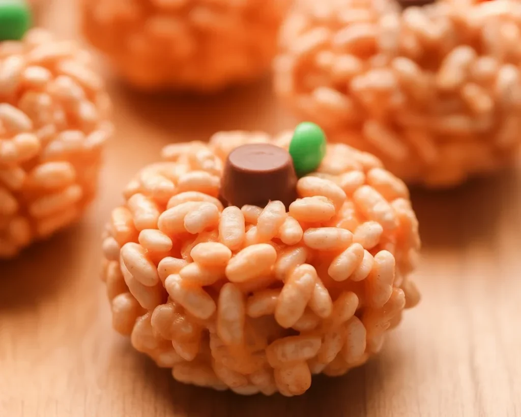 Adorable Rice Krispie Treat Pumpkins perfect for Halloween and Thanksgiving celebrations.