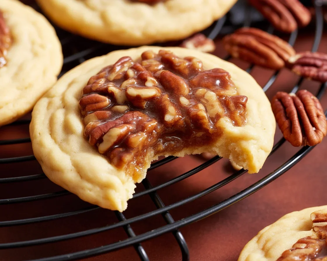 Delicious Pecan Pie Cookies with gooey filling and chocolate drizzle on a plate.