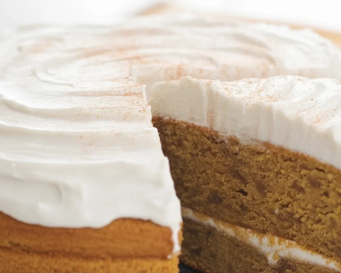 Delicious Vegan Pumpkin Spice Cake topped with vegan cream cheese frosting and spices.
