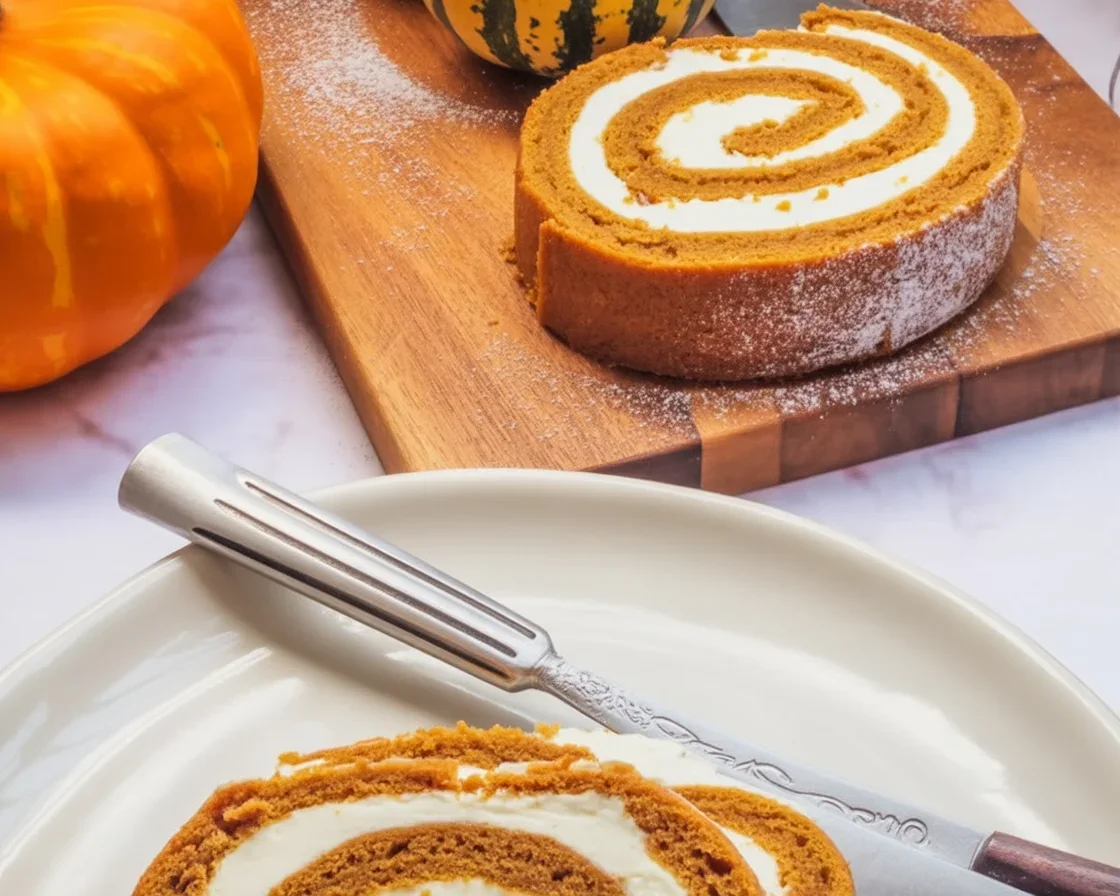 Classic Pumpkin Spice Cake Roll with cream cheese filling and spices