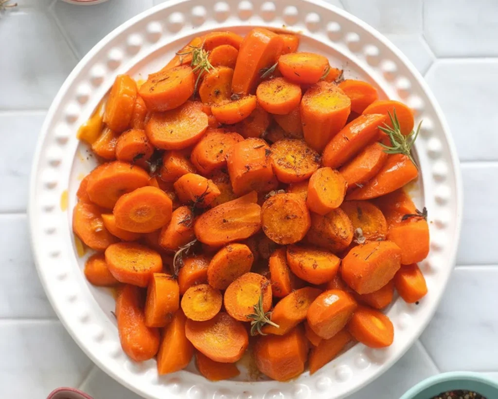 Delicious Easy Ranch Roasted Carrots seasoned with ranch dressing, ready to serve.