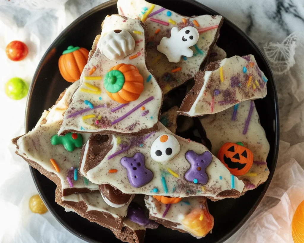 Delicious White Chocolate Halloween Oreo Bark with crushed Oreo cookies and colorful sprinkles.