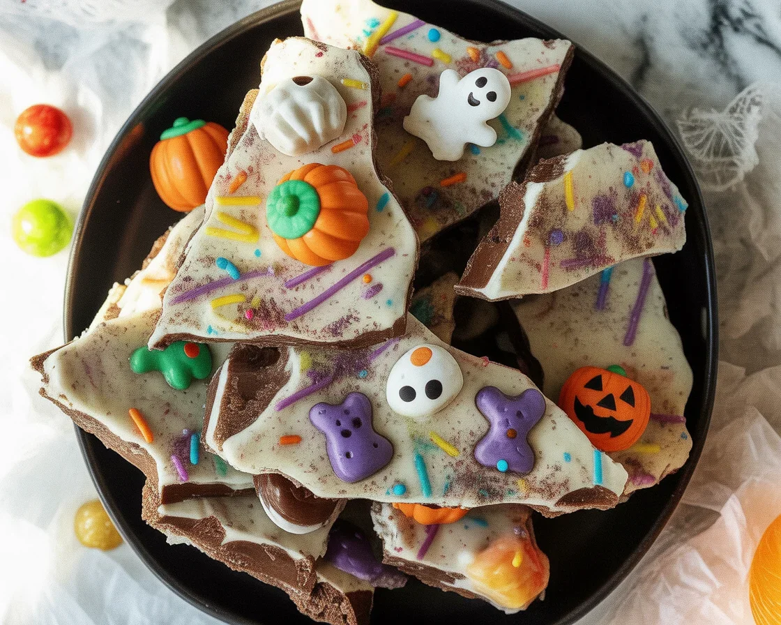 Delicious White Chocolate Halloween Oreo Bark with crushed Oreo cookies and colorful sprinkles.