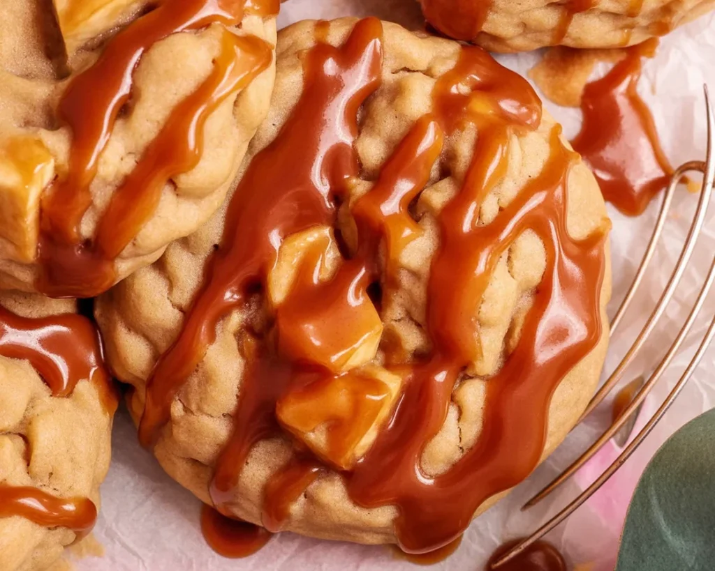 Delicious Caramel Apple Cookies with gooey caramel and cinnamon apple chunks.
