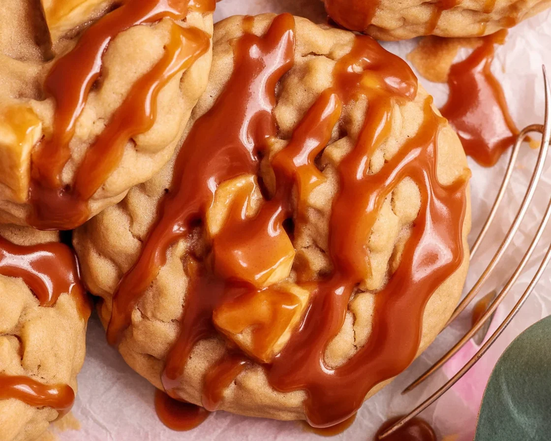 Delicious Caramel Apple Cookies with gooey caramel and cinnamon apple chunks.