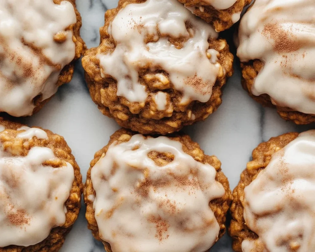 Delicious iced pumpkin oatmeal cookies topped with cinnamon glaze on a plate.