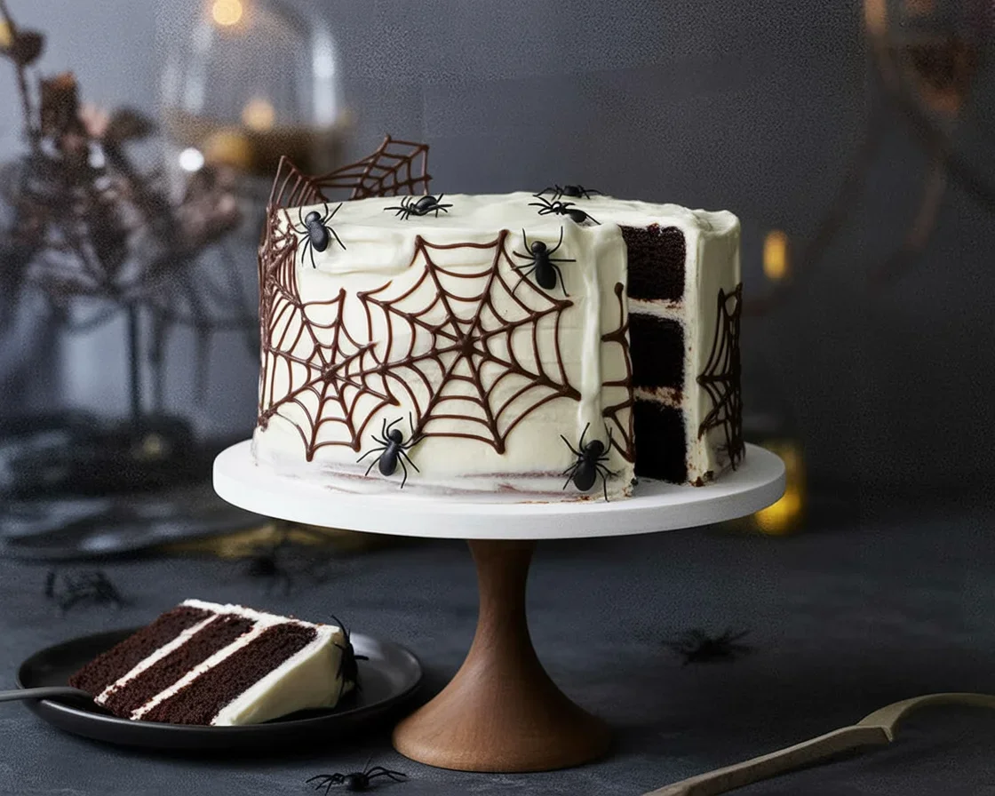 Spooky Halloween Cake Idea featuring a black velvet cake decorated with spooky elements.