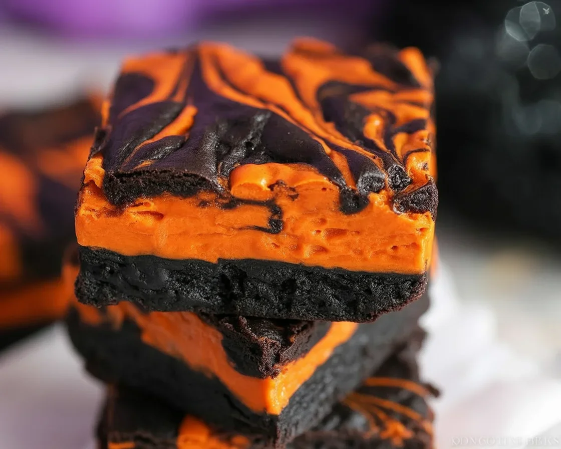 Halloween Cream Cheese Swirl Brownies with chocolate and orange cheesecake layers