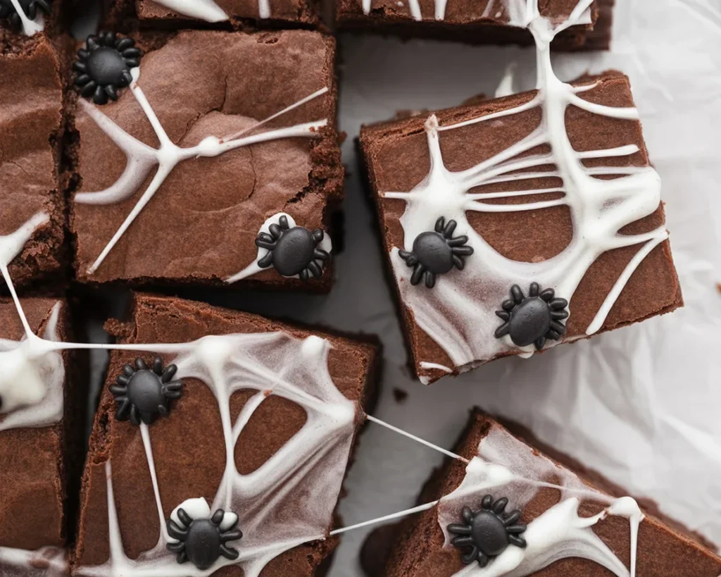 Spider Web Halloween Brownies topped with marshmallow webs and chocolate spiders