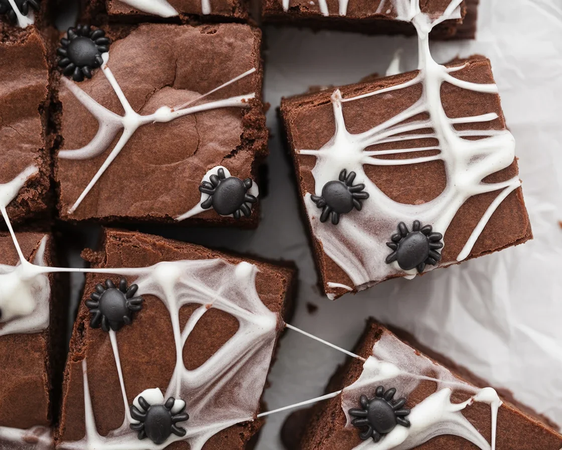 Spider Web Halloween Brownies topped with marshmallow webs and chocolate spiders