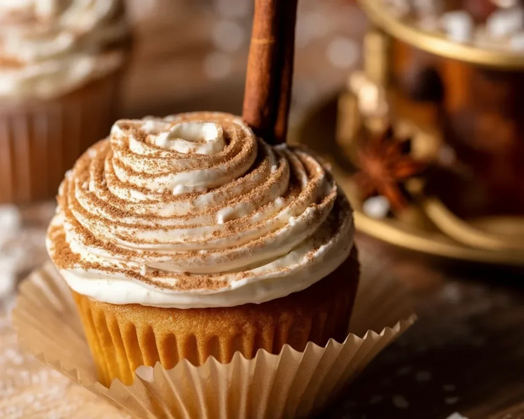 Vanilla Chai Pumpkin Latte Cupcakes topped with creamy frosting and spices.