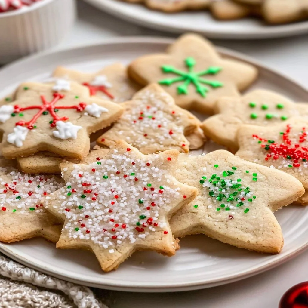 Plate of diabetic-friendly Christmas cookies decorated with icing and sprinkles