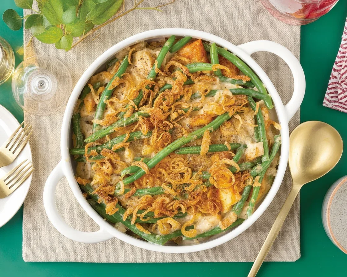 Campbell's Green Bean Casserole topped with crispy onions in a creamy sauce.