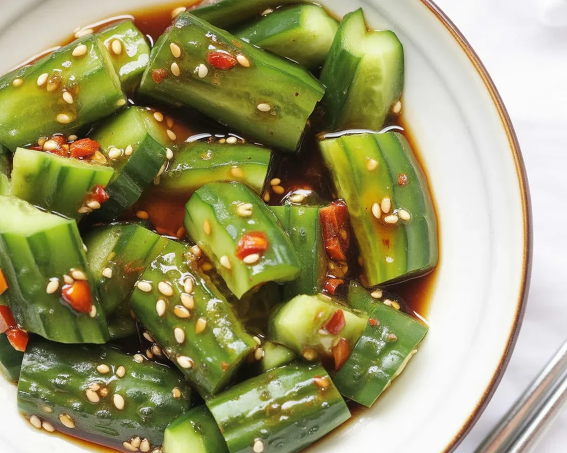 Quick Spicy Asian Cucumber Salad with cucumbers, garlic, and chili dressing.