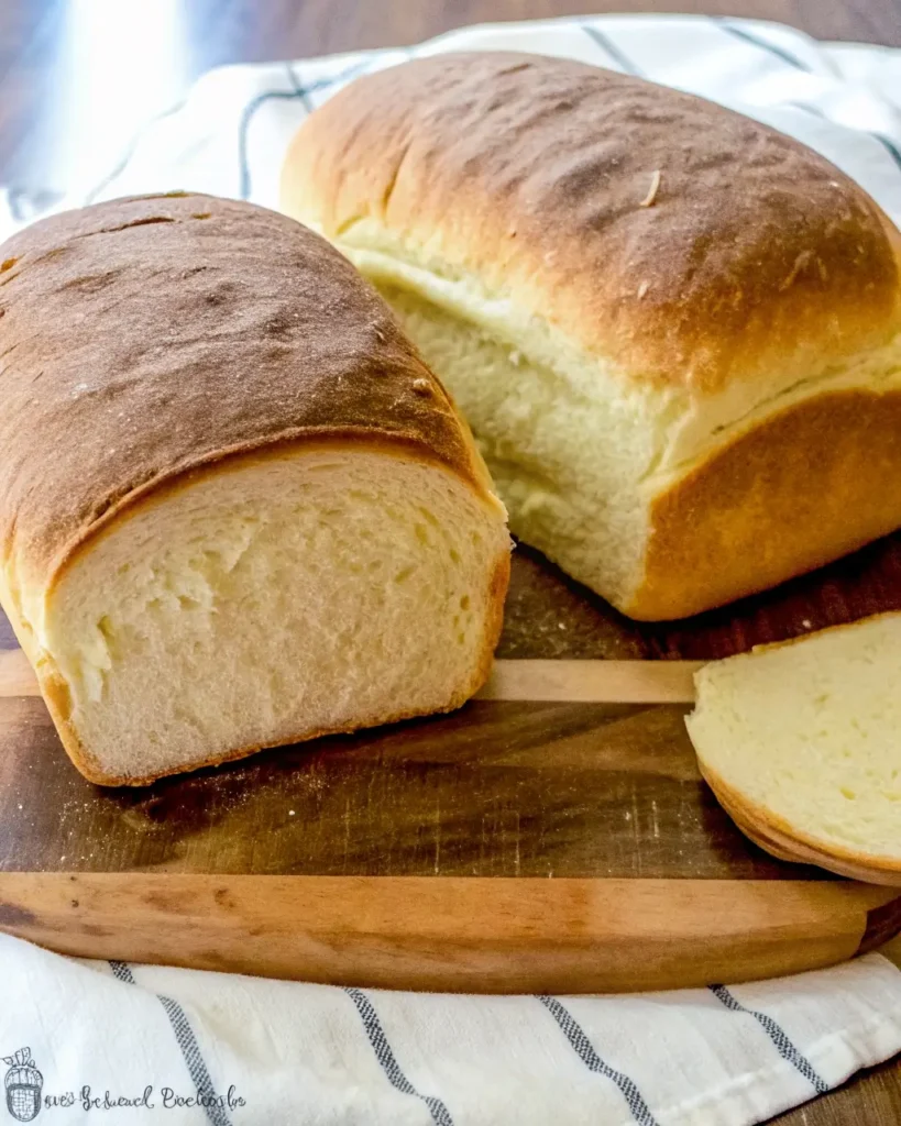 Two loaves of no knead sandwich bread with a slice showing the tender, airy crumb and lightly browned tops
