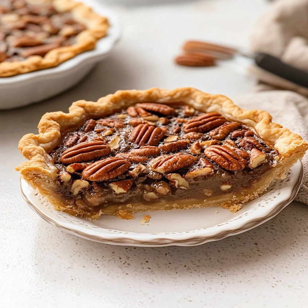 Delicious homemade Southern pecan pie with a golden crust and rich filling