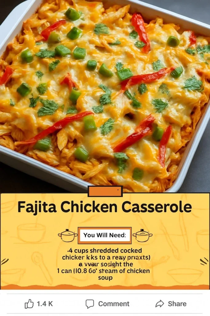 Fajita Chicken Casserole topped with cheese and colorful peppers