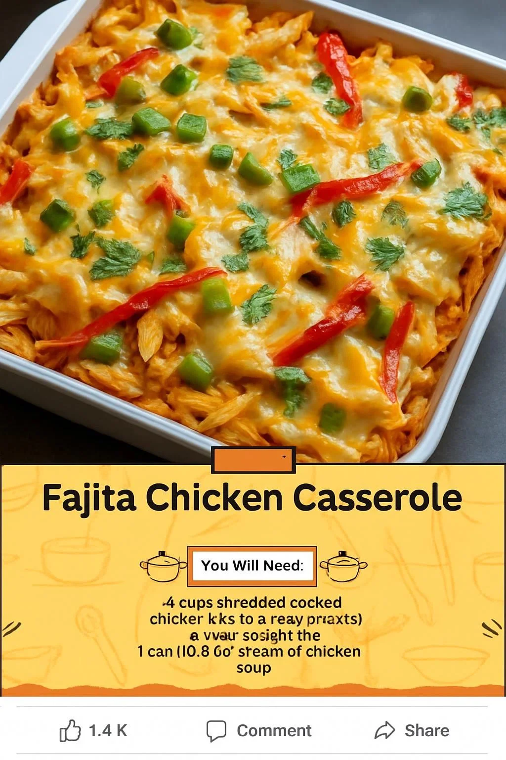 Fajita Chicken Casserole topped with cheese and colorful peppers