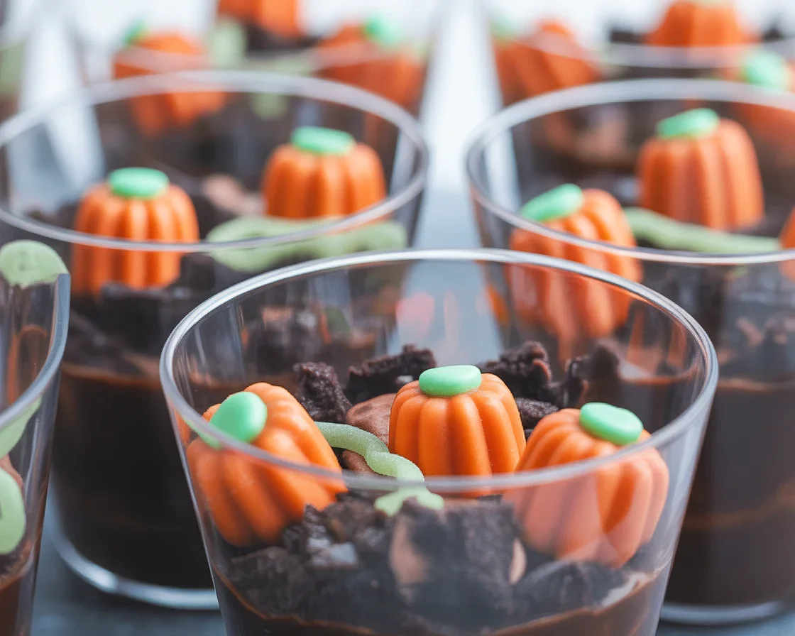 Delicious Pumpkin Patch Dirt Cups with chocolate pudding, Oreos, and mini pumpkins