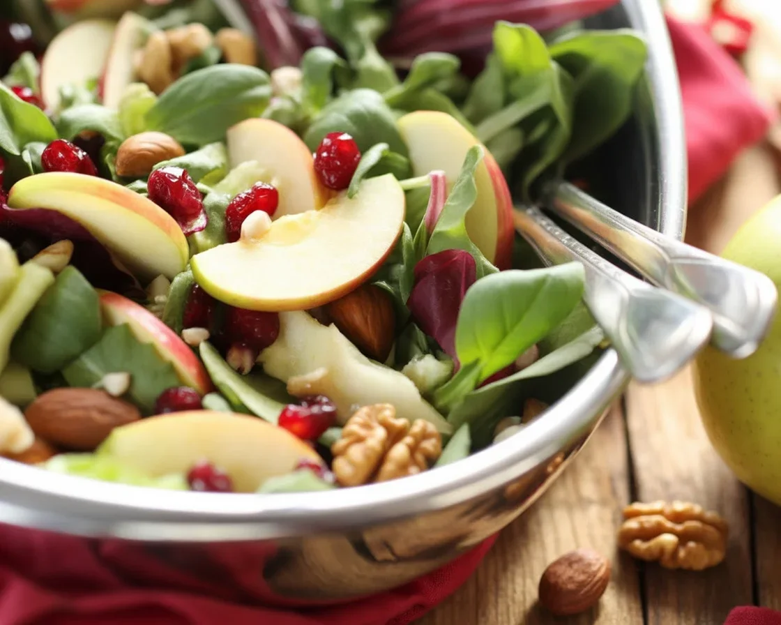 Delicious Holiday Honeycrisp Salad with apples, pecans, cranberries, and goat cheese.