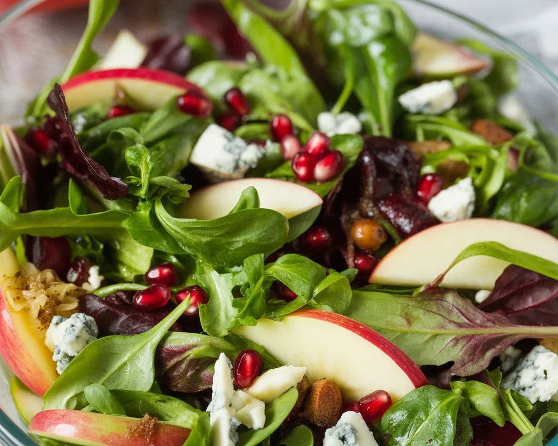 Thanksgiving Salad with mixed greens, apples, pomegranate, pecans, and brie