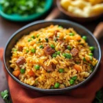A bowl of flavorful rice garnished with herbs and spices for a delicious meal.