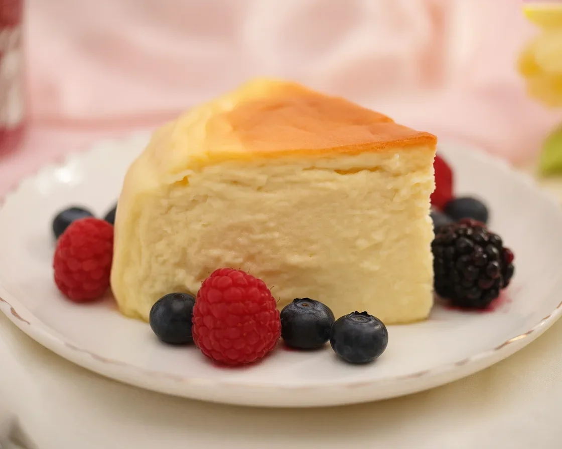 Light and fluffy Japanese Cotton Cheesecake served on a plate.