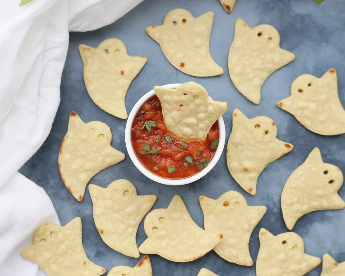 Spooky Baked Halloween Chips served with bloody salsa perfect for Halloween parties.
