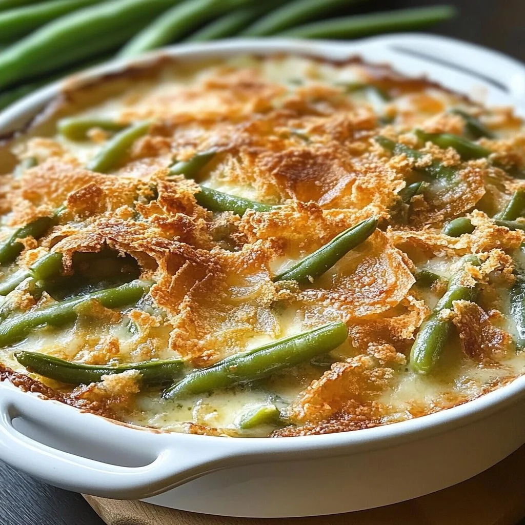 Delicious green bean casserole topped with crispy onions