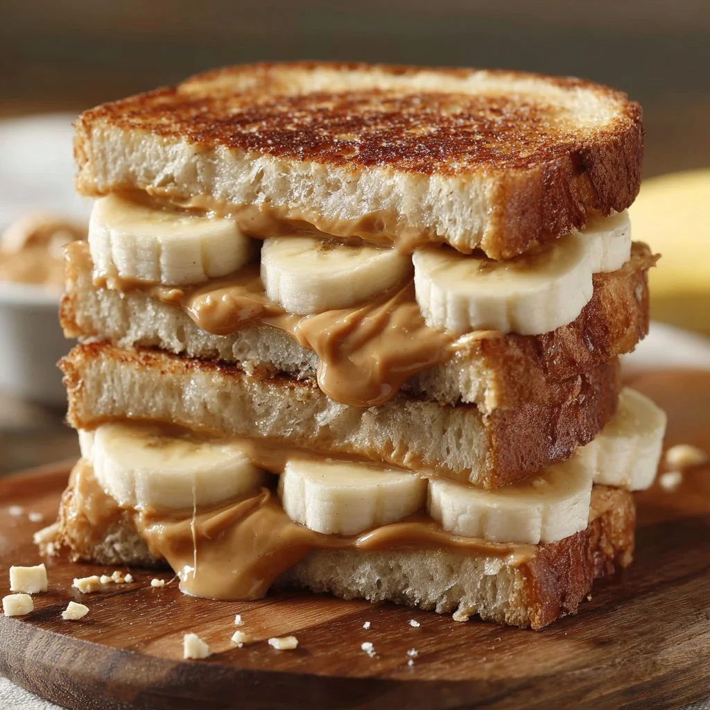 Grilled peanut butter banana sandwich on a plate, delicious and nutritious.