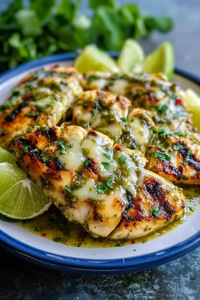 Grilled Salsa Verde Chicken served with fresh vegetables and herbs