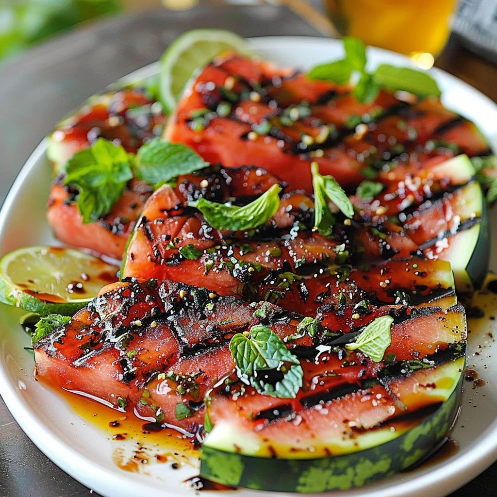 Grilled watermelon slices drizzled with balsamic glaze on a platter