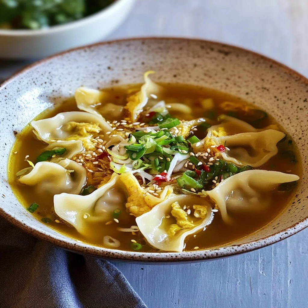 Bowl of steaming Gyoza Soup with dumplings and vegetables